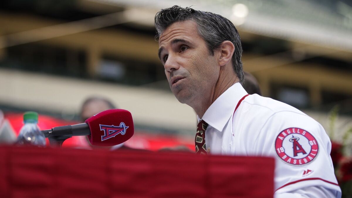 New Angels manager Brad Ausmus speaks during a news conference on Oct. 22 in Anaheim.