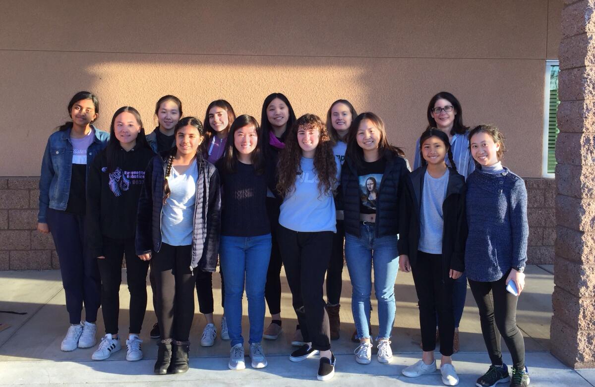 CCA Girls Who Code club and Ravenettes team with speaker Melanie Spiegelman: Front row: Ariel Betts, Perneet Bhathal, Alexis Wu, Sarah Golts, Sarah Luo, Bordeaux Phommavong, Hannah Zhang. Back row: Dhanya Jakkula, Shera Zhong, Niki Hosseinian, Samantha Prestrelski, Lucy Hudson, Melanie Spiegelm