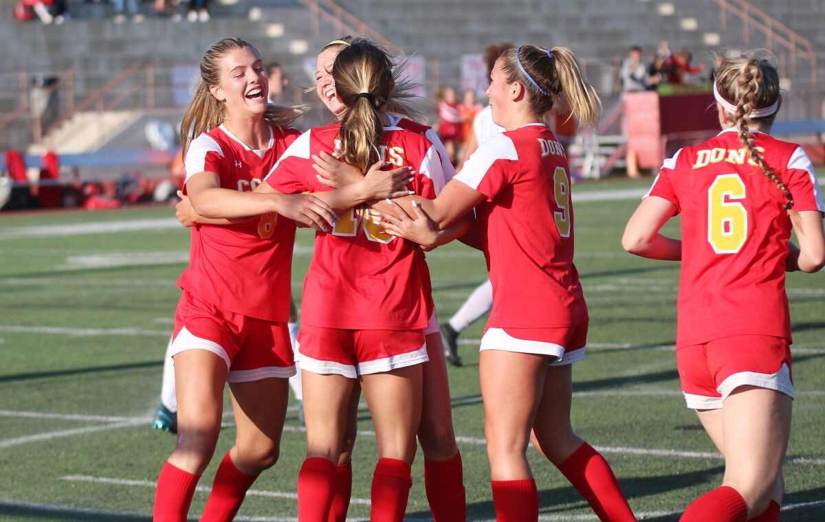 Cathedral teammates celebrate freshman Tatum Alanis's (back to camera) goal.