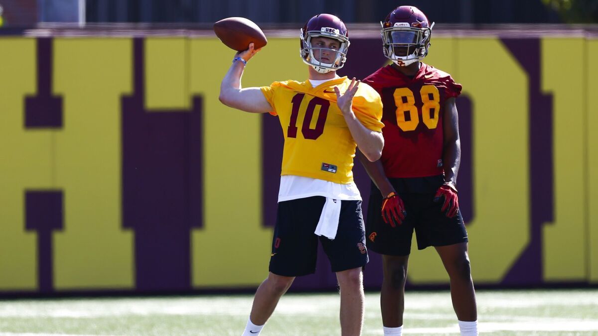 Jack Sears, passing during fall camp, is slated to start at quarterback for USC on Saturday against Arizona State if JT Daniels hasn't recovered from a concussion.