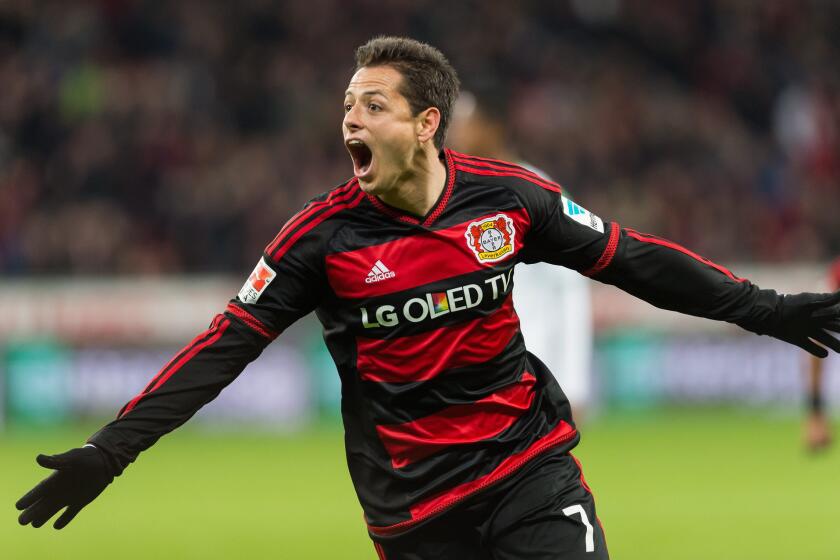 Bayer Leverkusen forward Javier Hernandez celebrates scoring a goal against VfL Wolfsburg in a Bundesliga match on Apr. 1.