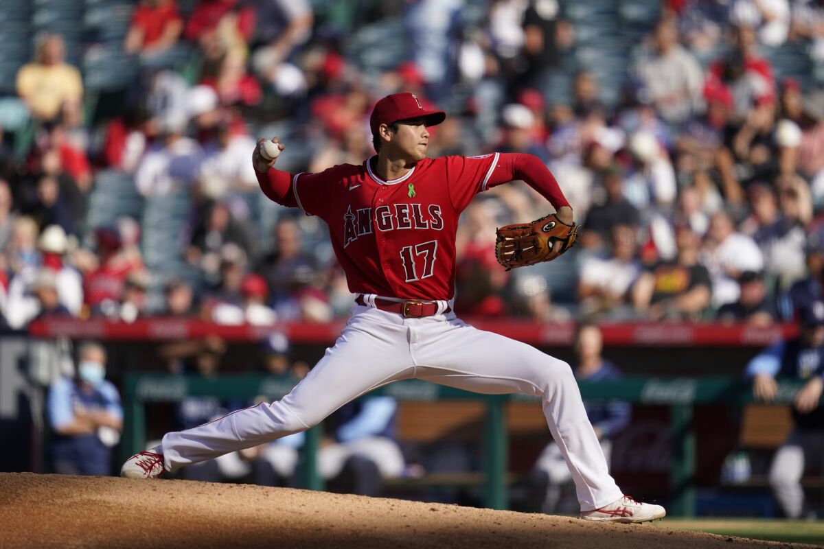 Los Angeles Angels starting pitcher Shohei Ohtani (17) throws during the fourth inning of a baseball game against the Tampa Bay Rays in Anaheim, Calif., Wednesday, May 11, 2022. (AP Photo/Ashley Landis)