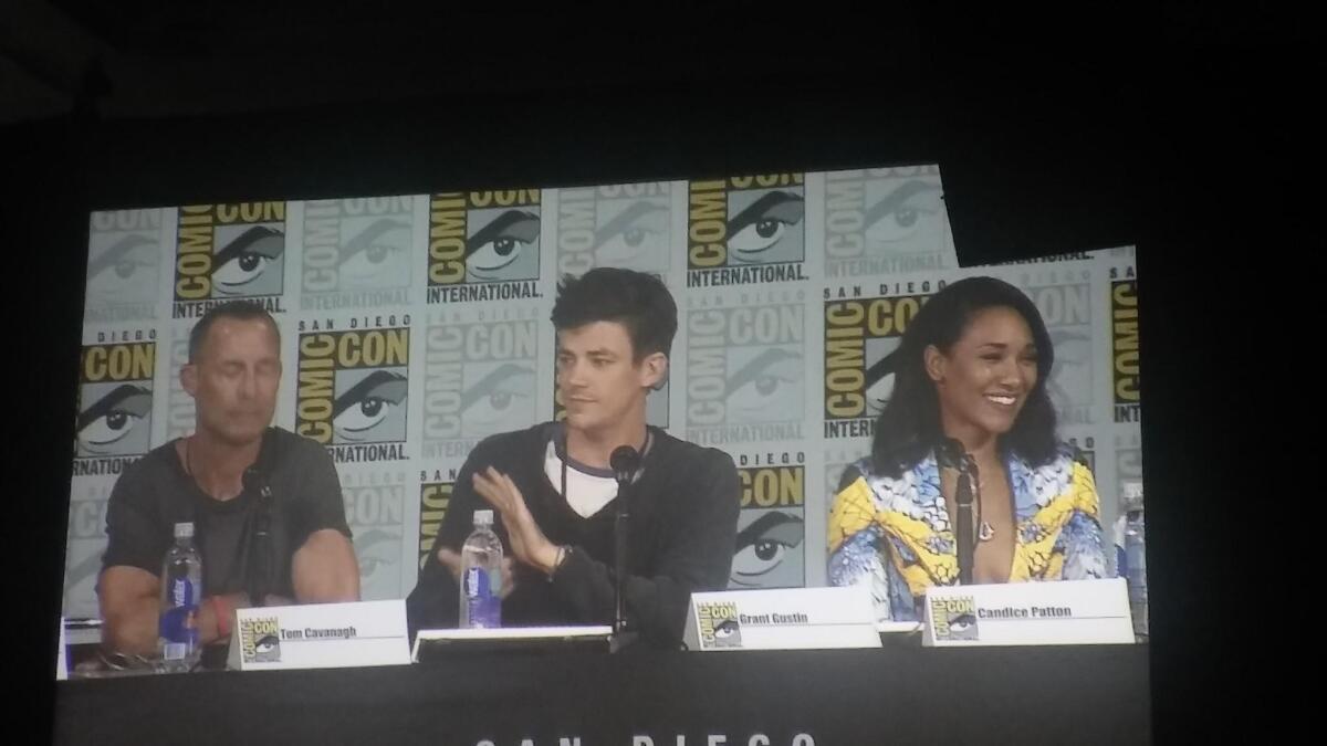 Tom Cavanagh, Grant Gustin and Candice Patton on the "Flash" panel.