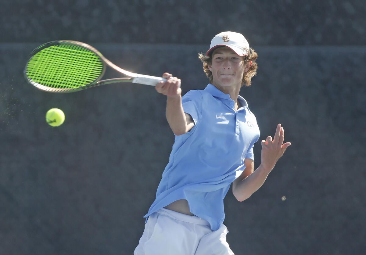 Corona del Mar's Niels Hoffmann hits a forehand during his singles match against Palos Verdes Peninsula on Wednesday. 