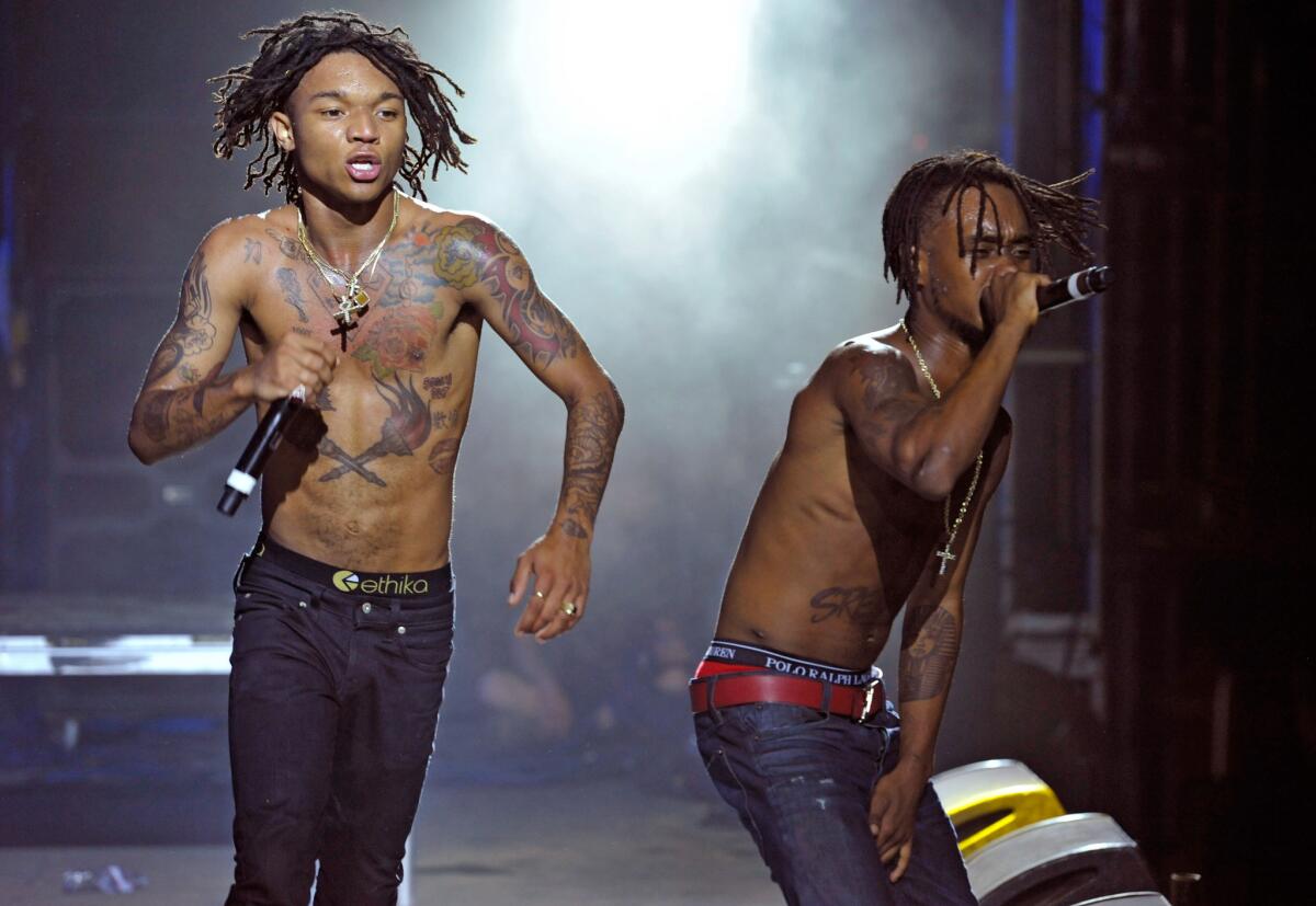 Swae Lee, left, and Slim Jimmy of Rae Sremmurd perform at the Coachella Valley Music and Arts Festival on April 22. (Michael Tullberg / Getty Images for Coachella)
