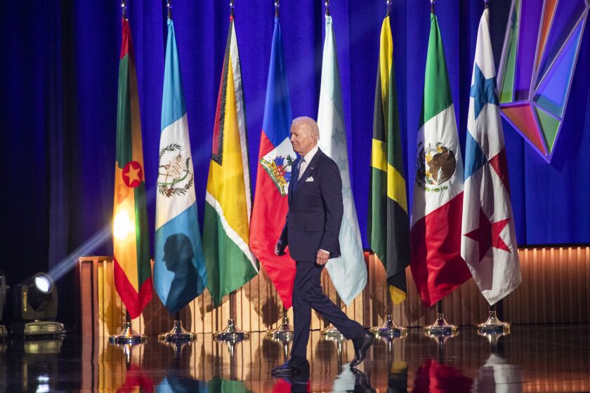 Los Angeles, CA - June 08: U.S.President Joe Biden takes the stage before speaking during the Inaugural Ceremony of the the Summit of the Americas at the Microsoft Theater in , Los Angeles, CA on Wednesday, June 8, 2022. (Allen J. Schaben / Los Angeles Times)