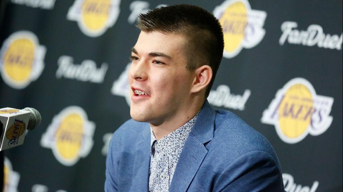 Lakers draft pick Ivica Zubac speaks at a news conference on July 5.