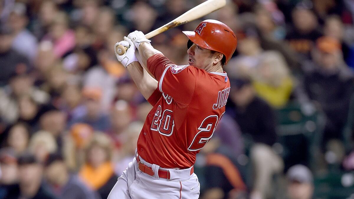 Angels left fielder Matt Joyce hits a run-scoring single against the San Francisco Giants on May 1, after getting to the AT&T Park in plenty of time for the 7:15 p.m. start.