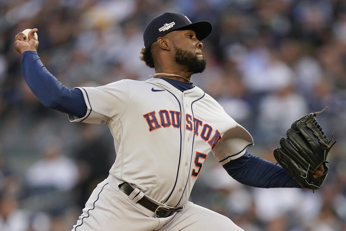 Houston Astros starting pitcher Cristian Javier delivers against the New York Yankees in the first inning Saturday.