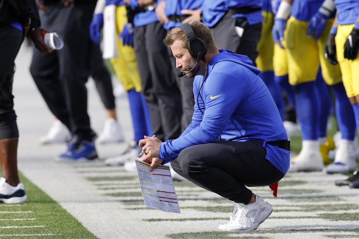 Head coach Sean McVay of the Los Angeles Rams looks on prior to
