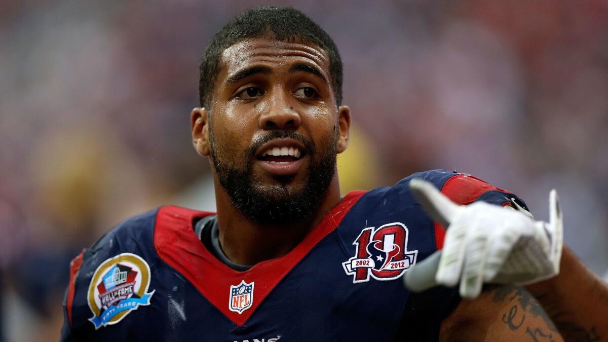Arian Foster, shown in 2012, likes his chances in a one-on-one battle with a wolf.
