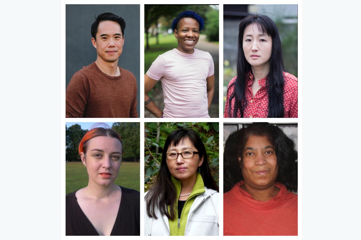 Book award winners, clockwise from top left: Charles Yu, Kacen Callender, Yu Miri, Tamara Payne, Don Mee Choi, Morgan Giles.