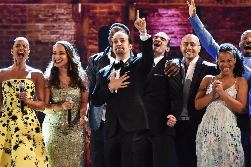 Lin-Manuel Miranda, center, and the cast of "Hamilton" at the 70th Tony Awards.