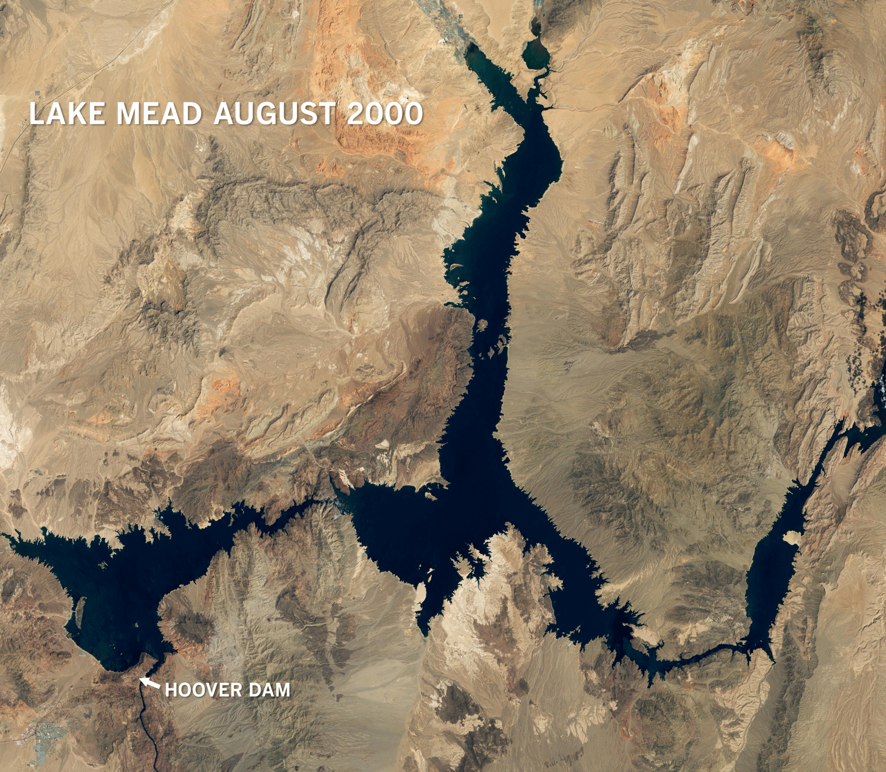Satellite images of Lake Mead from 2000, 2021 and 2022