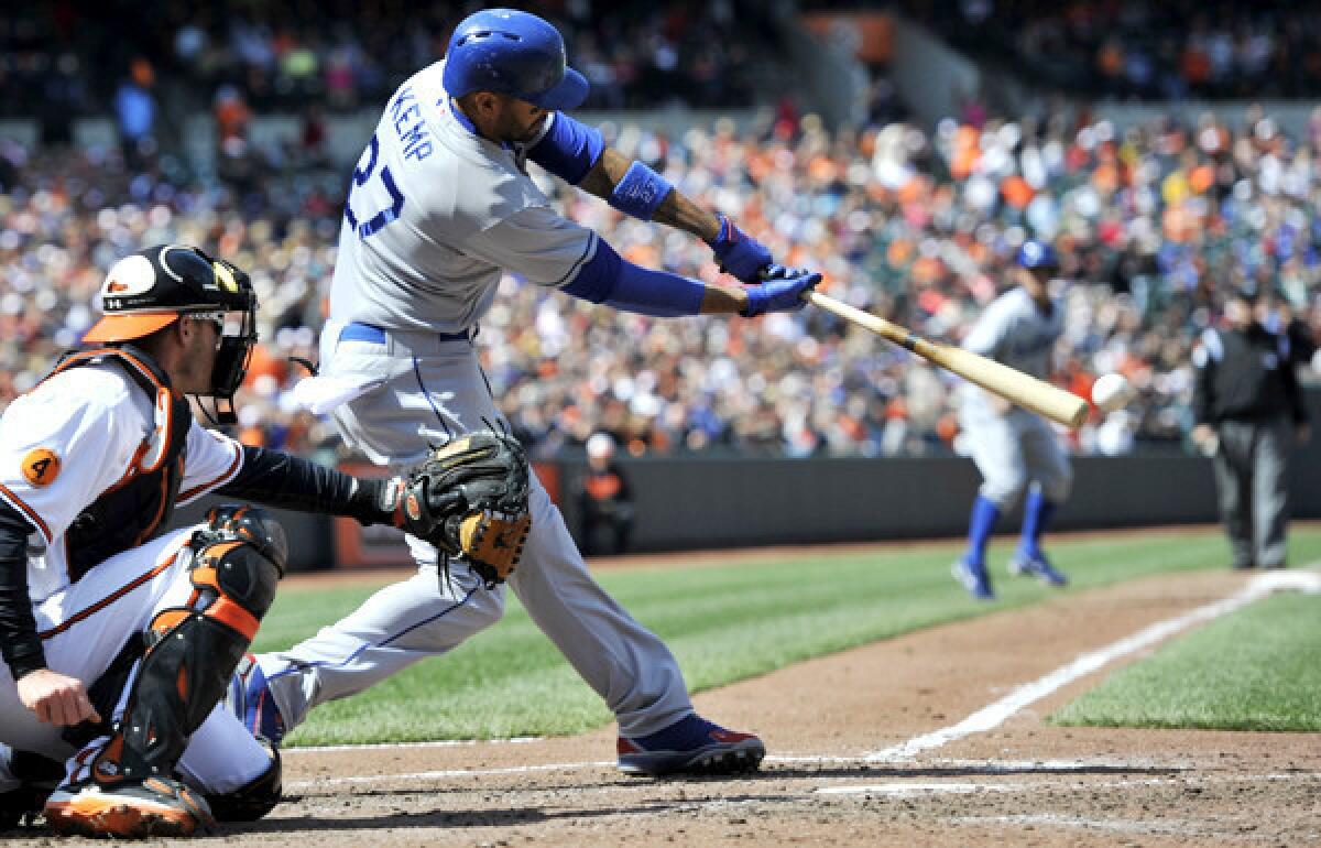 Dodgers center fielder Matt Kemp connects for a run-scoring single against the Orioles in the fifth inning Sunday afternoon in Baltimore.