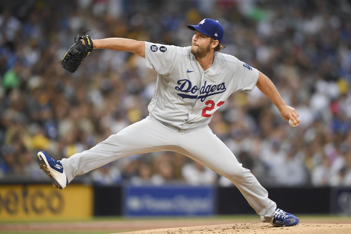 Dodgers pitcher Clayton Kershaw delivers against the San Diego Padres.