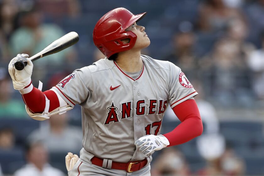 Los Angeles Angels' Shohei Ohtani flies out during the first inning of the team's baseball game against the New York Yankees on Wednesday, June 30, 2021, in New York. (AP Photo/Adam Hunger)