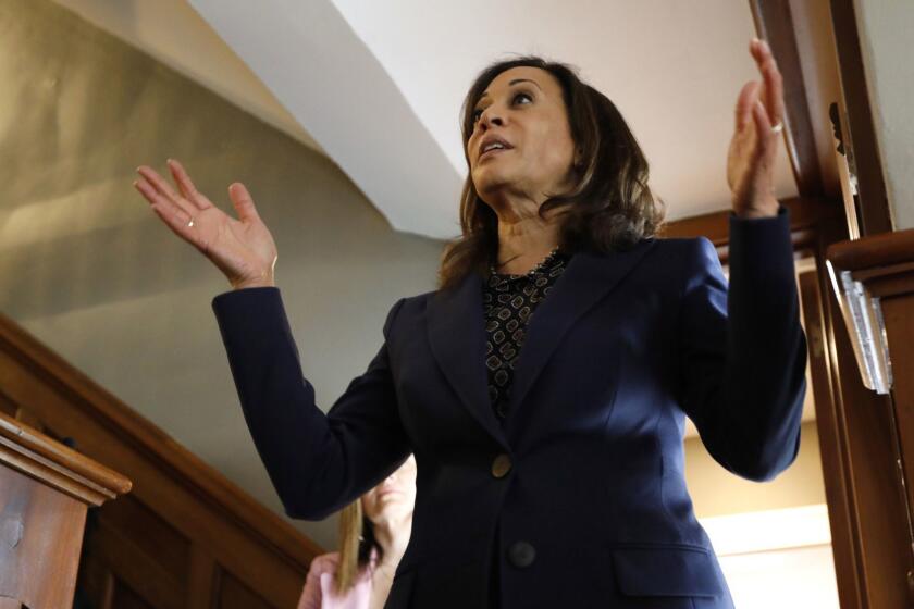 2020 Democratic presidential candidate Sen. Kamala Harris speaks during a house party, Thursday, April 11, 2019, in Des Moines, Iowa. (AP Photo/Charlie Neibergall)