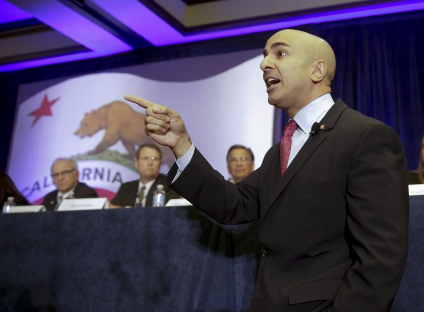 Republican candidate for governor Neel Kashkari speaks during the general assembly meeting at the California GOP convention in Los Angeles last month.