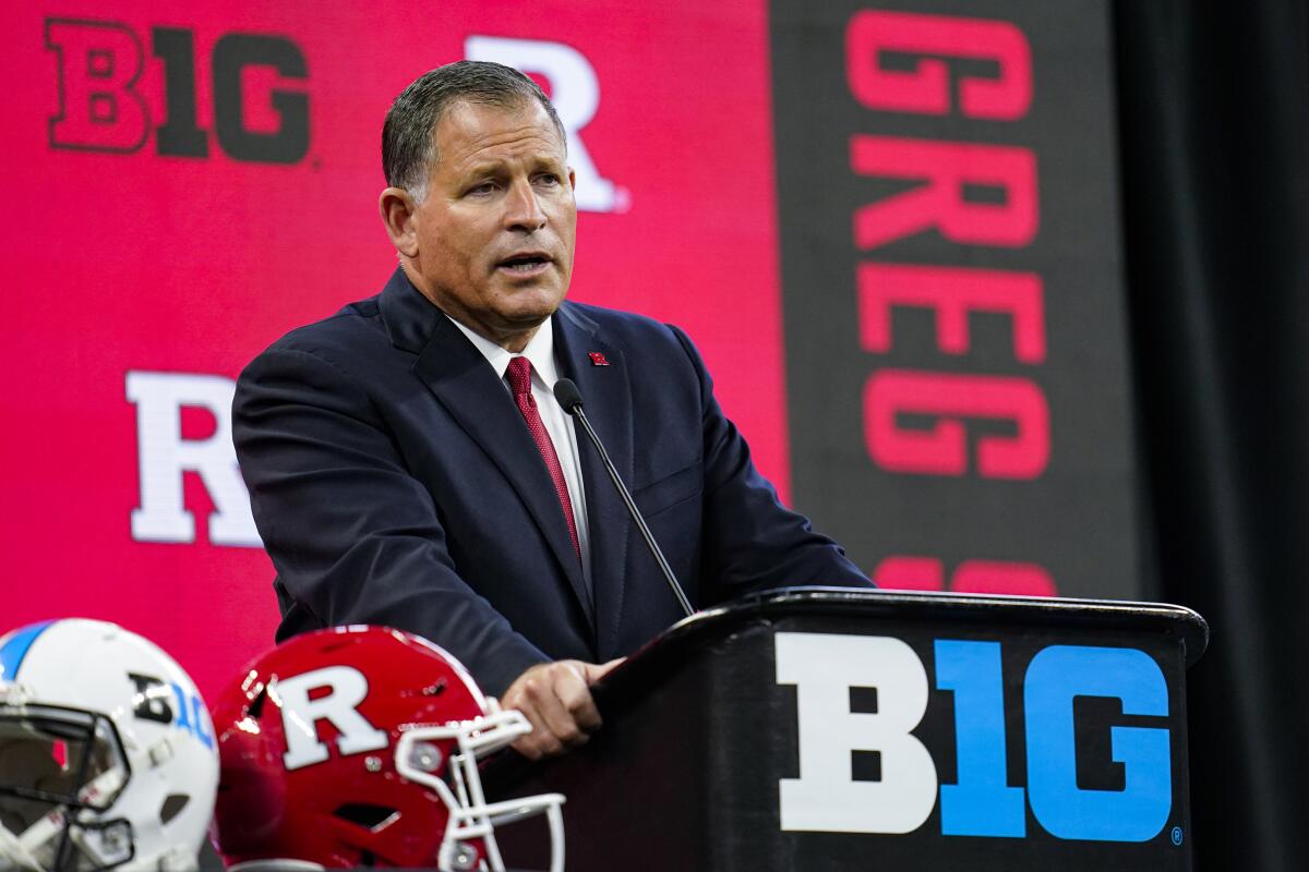 Rutgers coach Greg Schiano talks to reporters at Big Ten Conference media days July 23.
