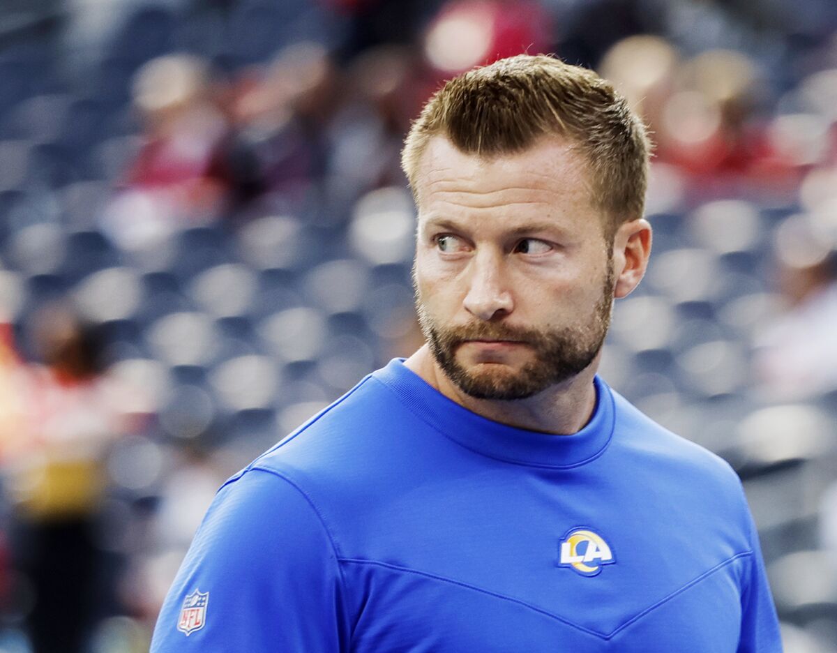 Rams head coach Sean McVay stares before the NFC championship.