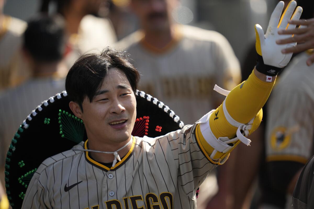 San Diego's Ha-Seong Kim celebrates after hitting a solo home run in the second inning.