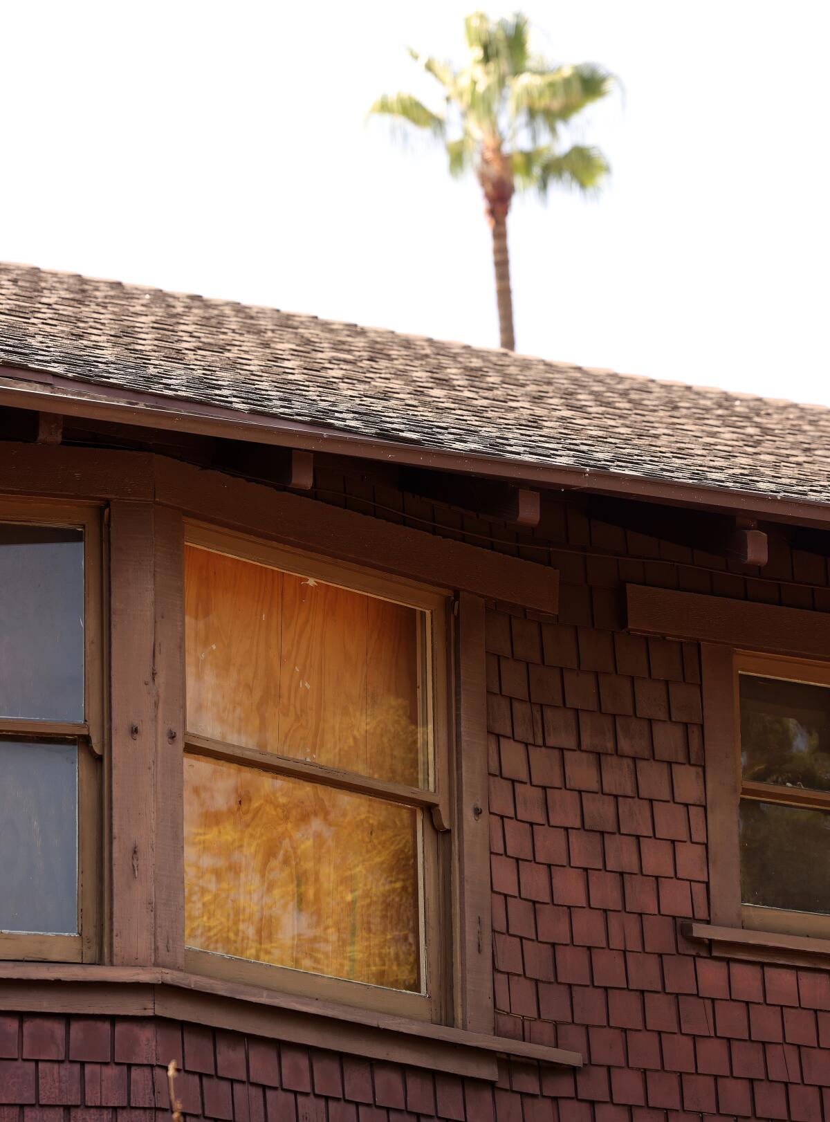 A boarded-up window