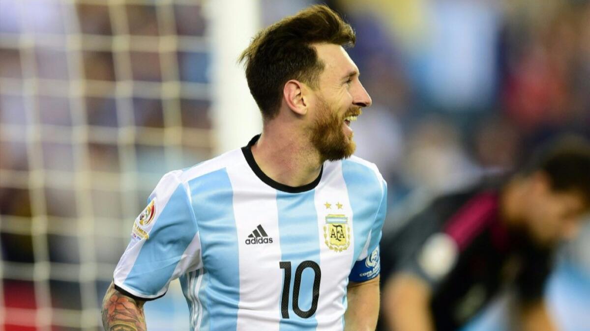 Argentina forward Lionel Messi smiles after scoring a goal against Venezuela during a Copa America quarterfinal game on June 18.