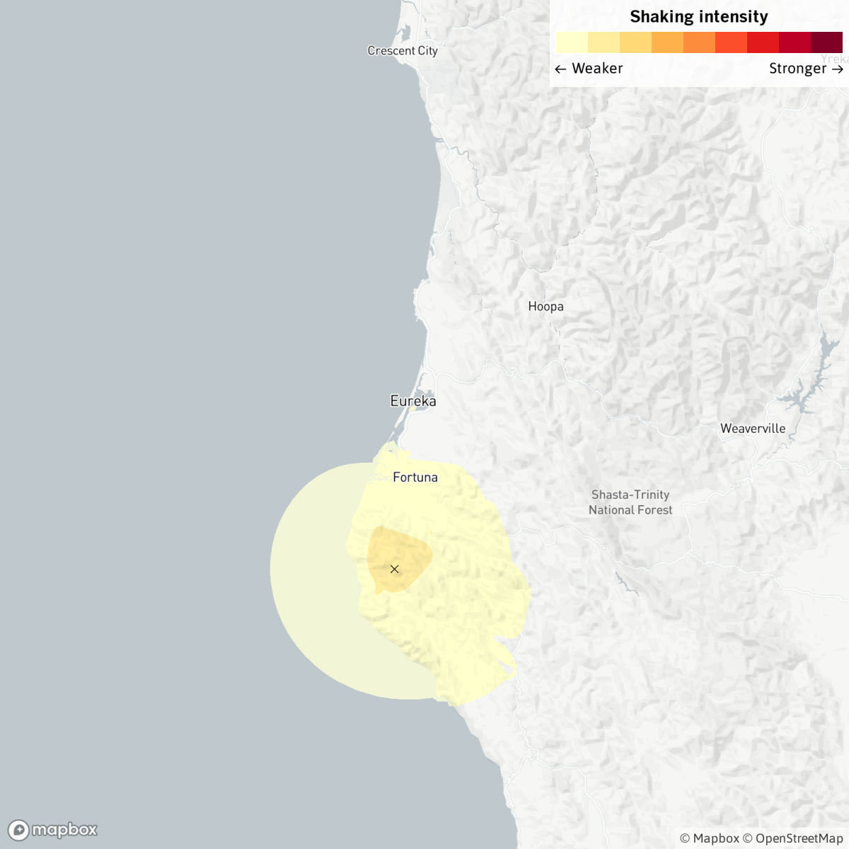 A map shows a magnitude 4.4 earthquake reported near Fortuna