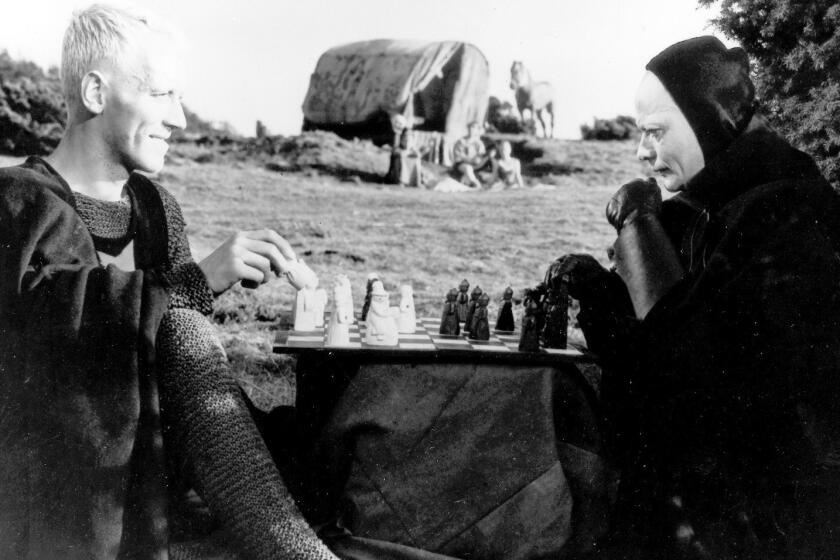 Antonius Block (Max von Sydow) challenges Death (Bengt Ekerot) to a game of chess in "The Seventh Seal."