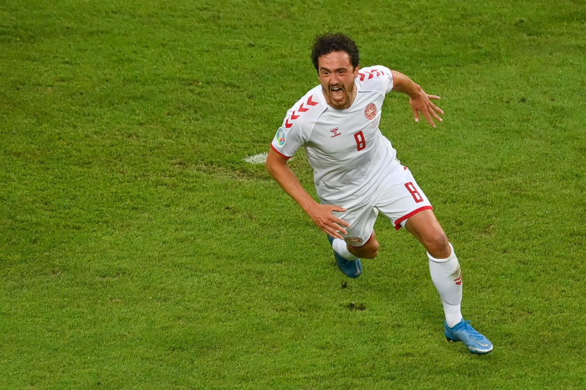 Denmark's Thomas Delaney celebrates his opening goal against the Czech Republic.