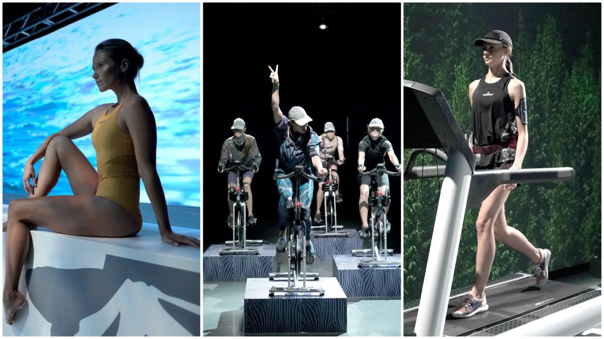 The Adidas by Stella McCartney spring/summer 2017 collection presentation on Wednesday in Culver City took the form of a "virtual triathlon" that showcased, from left, swimwear, cycling gear and running clothes, along with yoga clothes and other workout wear.