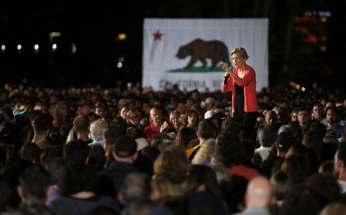 Elizabeth Warren speaks at a town hall meeting at Waterfront Park in San Diego on Oct. 3.