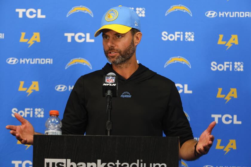 Los Angeles Chargers head coach Brandon Staley speaks during a news conference after an NFL football game against the Minnesota Vikings, Sunday, Sept. 24, 2023, in Minneapolis. The Chargers won 28-24. (AP Photo/Bruce Kluckhohn)