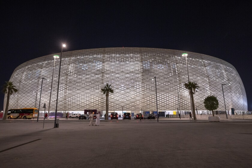 A general view of the Al Thumama Stadium in Doha, Qatar, Monday, Dec. 6, 2021. 