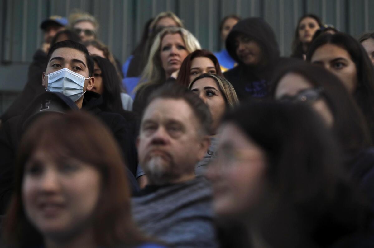 Only one fan in this section wears a mask while watching UCLA's women's softball team play.