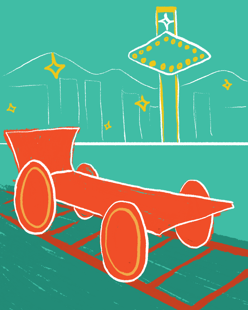 Illustration of a railbike on railroad tracks with Las Vegas in the background.