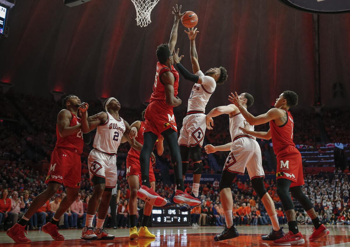 Maryland's Jalen Smith goes up for a block attempt on a shot by Illinois' Alan Griffin on Feb. 7, 2020.