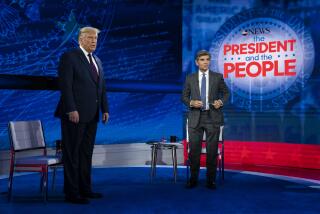 President Donald Trump talks with ABC News anchor George Stephanopoulos before a town hall at National Constitution Center, Tuesday, Sept. 15, 2020, in Philadelphia. (AP Photo/Evan Vucci)