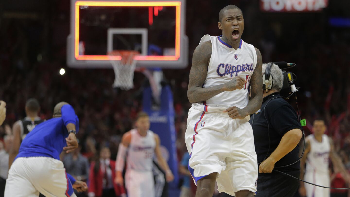 Clippers guard Jamal Crawford celebrates immediately after the team's 111-109 victory over the San Antonio Spurs in Game 7 of the Western Conference quarterfinals at Staples Center on May 2, 2015.