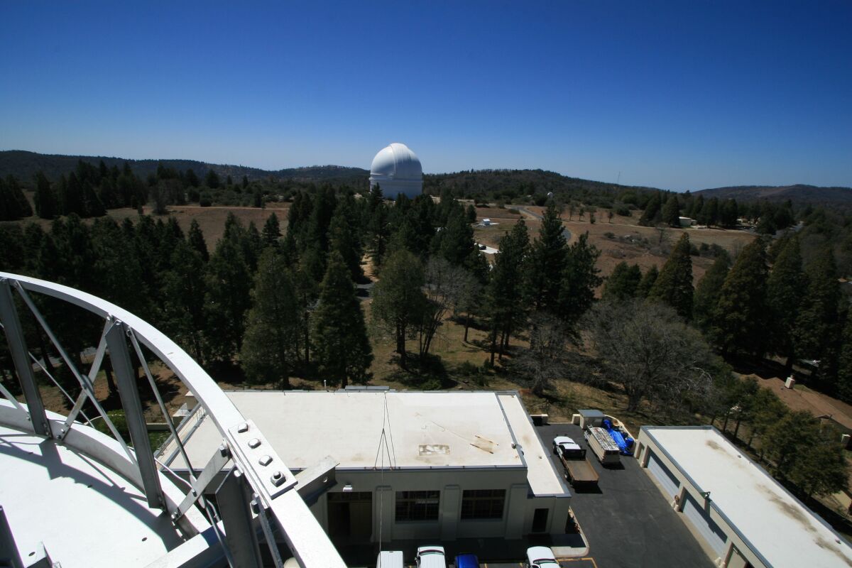 The Palomar Mountain Observatory, as seen from an HPWREN camera installed on a nearby water tower.