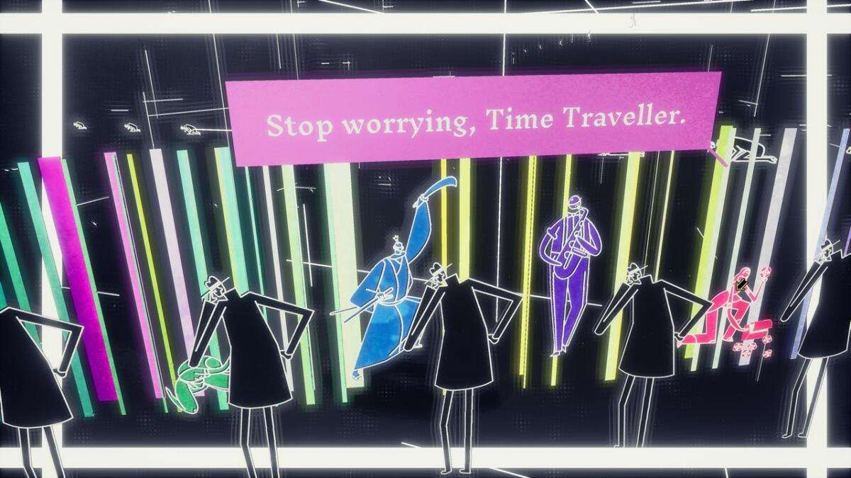 Stylized people stand under a sign that reads "Stop worrying, Time Traveller" in "Genesis Noir"