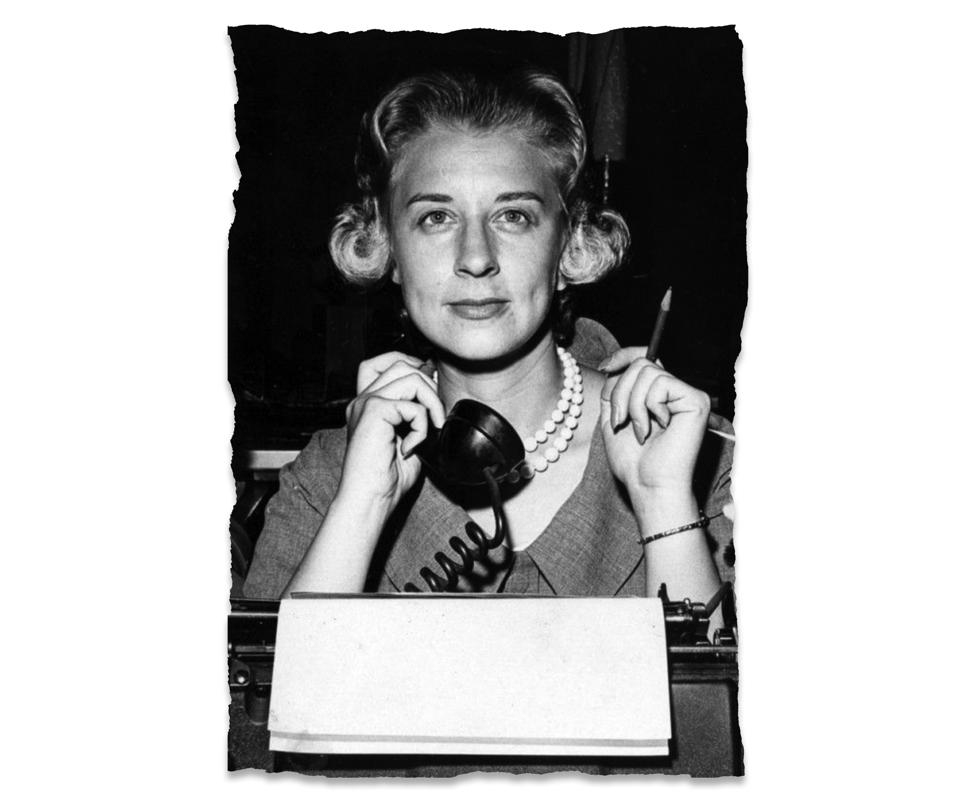 Doris Klein with light hair curled up, wearing a pearl necklace, holding a phone receiver in one hand and pencil in the other