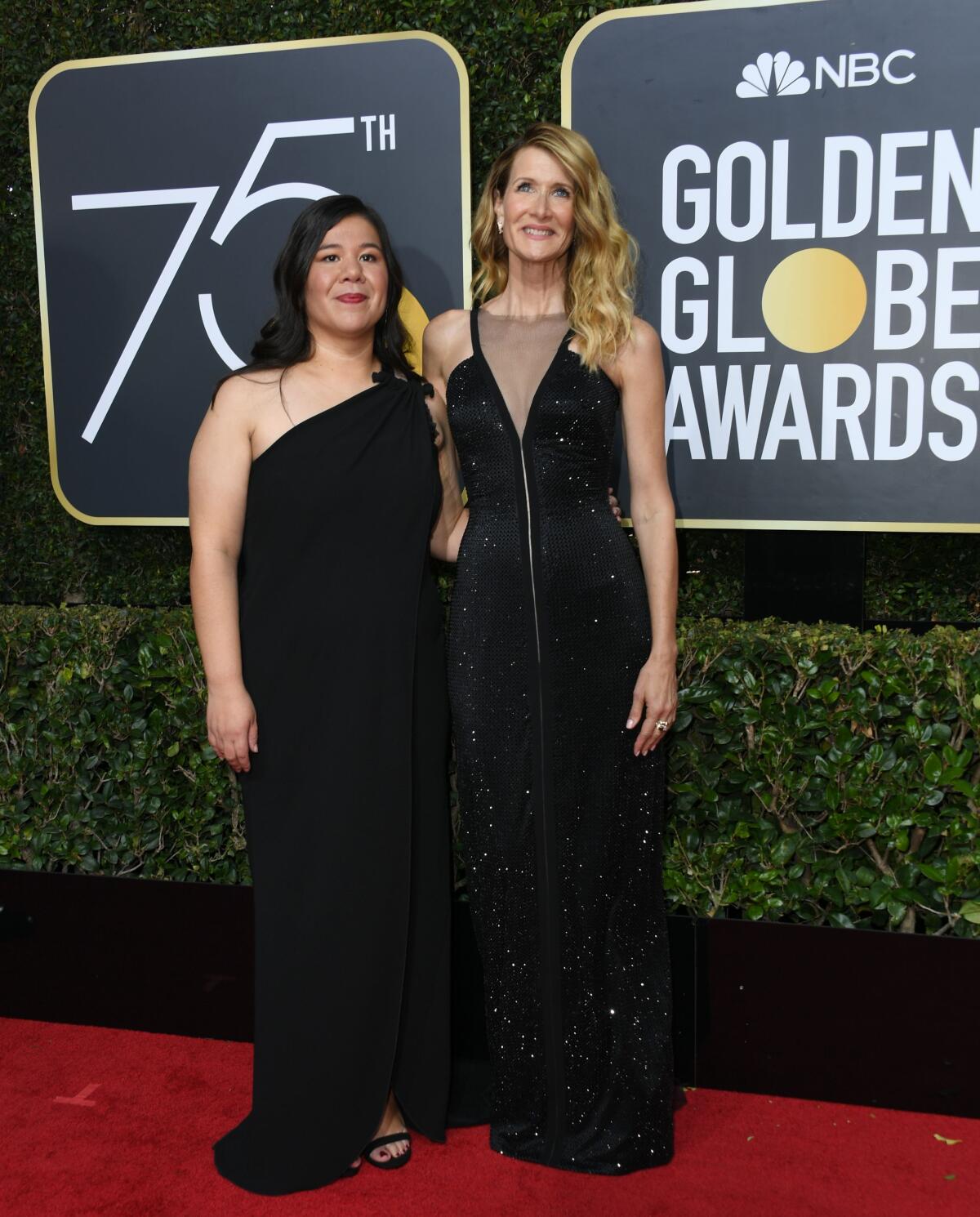 Mónica Ramírez, left, and Laura Dern on the red carpet at the Golden Globes in 2018