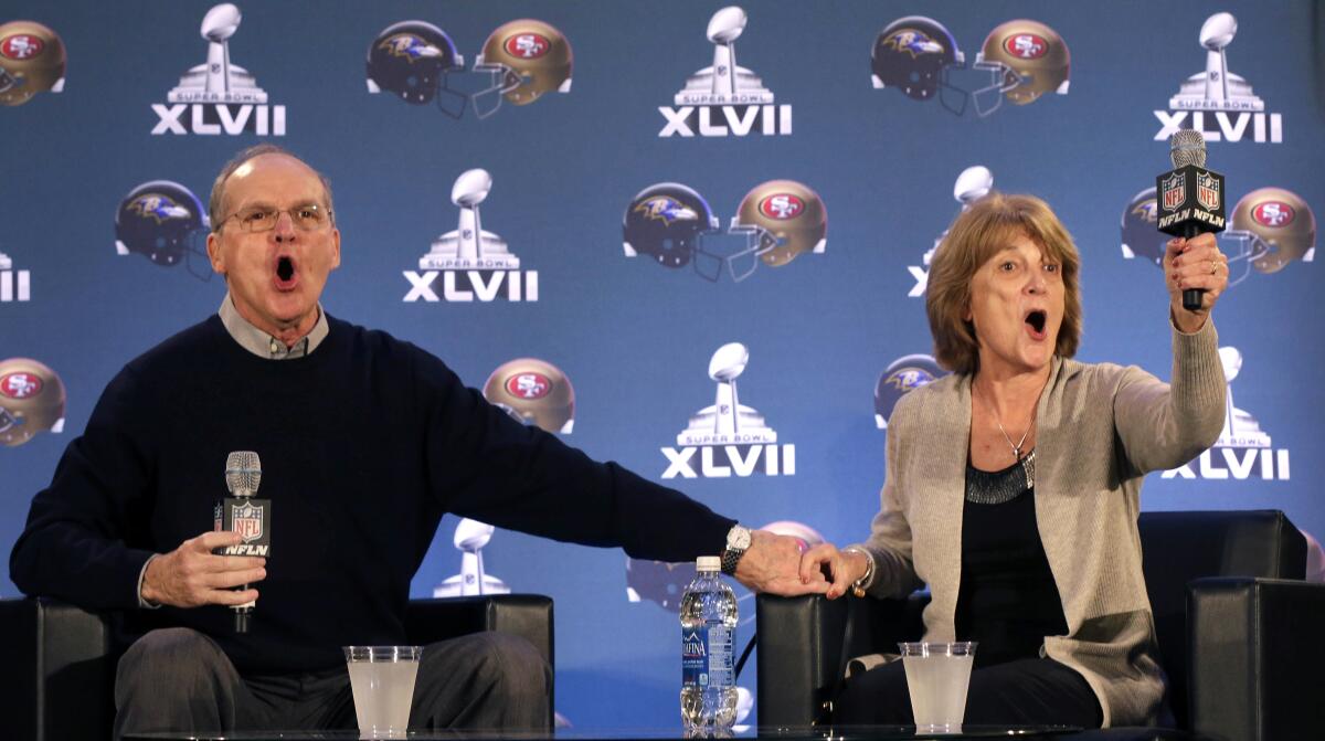 Jack and Jackie Harbaugh, parents of Ravens head coach John Harbaugh and San 49ers head coach Jim Harbaugh in 2013.