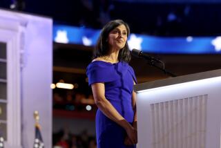 MILWAUKEE, WI JULY 17, 2024 -- Usha Chilukuri Vance speaks during the Republican National Convention on Wednesday, July 17, 2024. (Jason Almond / Los Angeles Times)