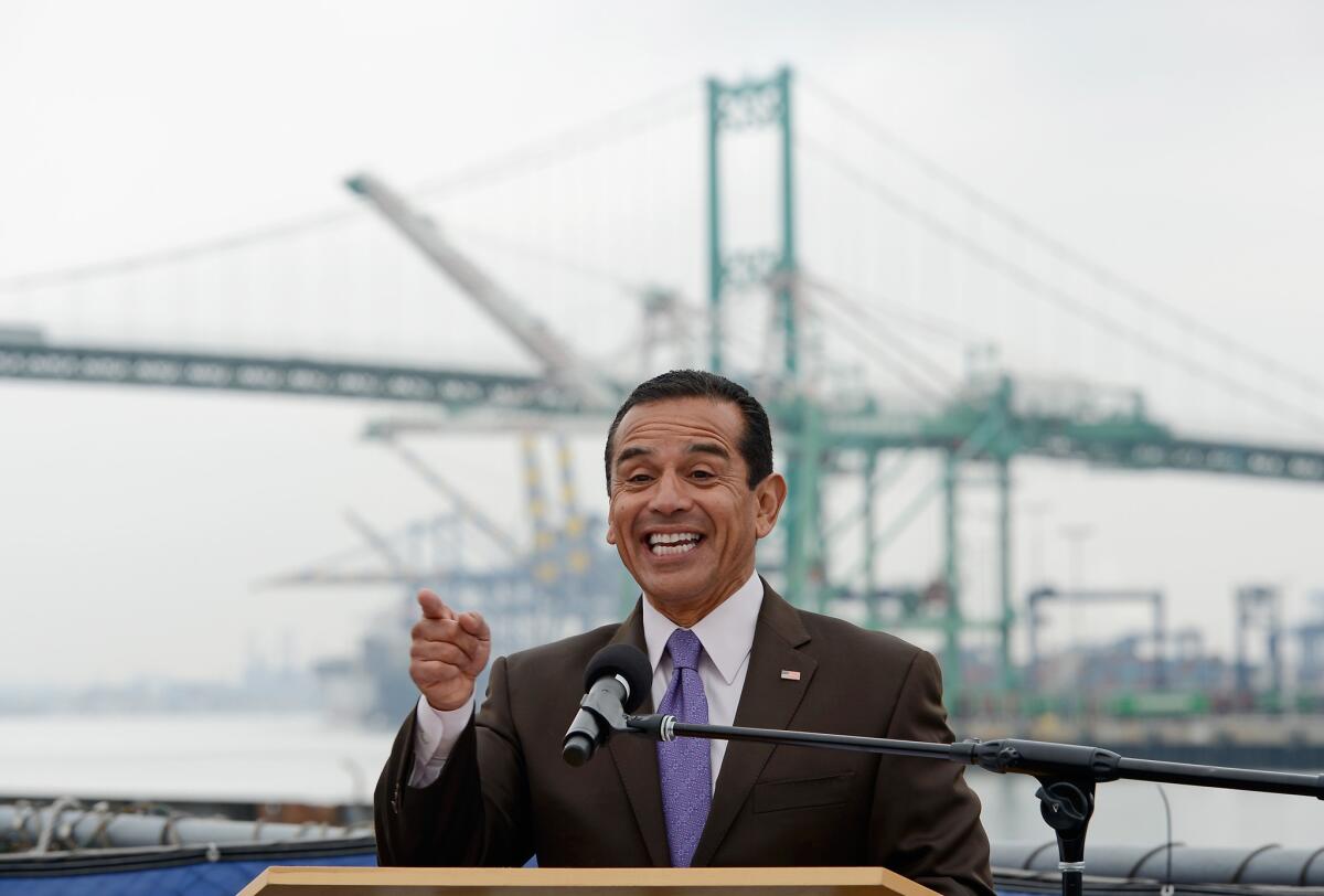 Mayor Antonio Villaraigosa at a news conference last week on the deck of the battleship Iowa at the Port of Los Angeles.