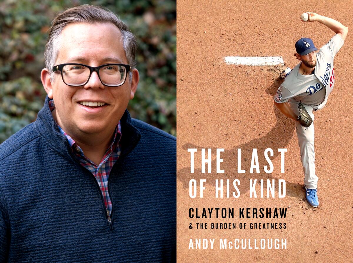 A photo of author Andy McCullough next to the cover of his biography of Clayton Kershaw.