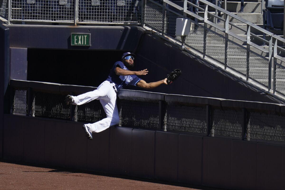 Tampa Bay Rays right fielder Manuel Margot reaches over a right field wall after catching a foul ball.