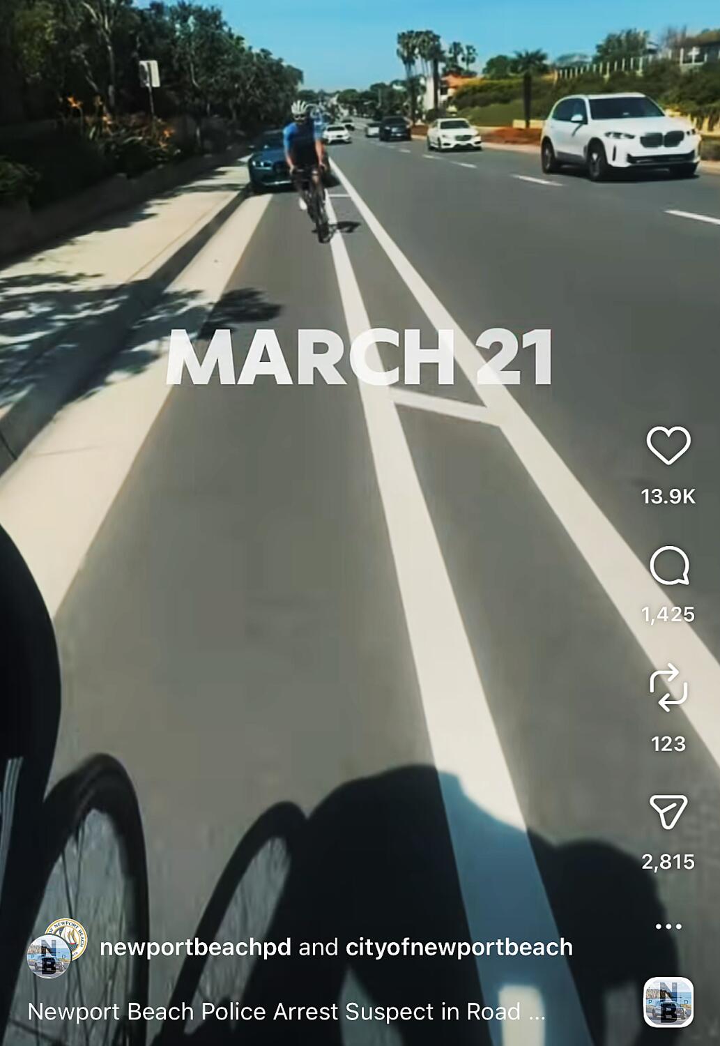 Screenshot - two competitive cyclists out for a training ride when they were suddenly targeted by an aggressive driver coming dangerously close to their bikes and throwing objects at them over the weekend in Orange County. The March 21 incident happened while Ben Byra and Luke Fetzer were training for a Sunday race along Pacific Coast Highway and Bayshore Drive in Newport Beach. Newport Beach Police Department.